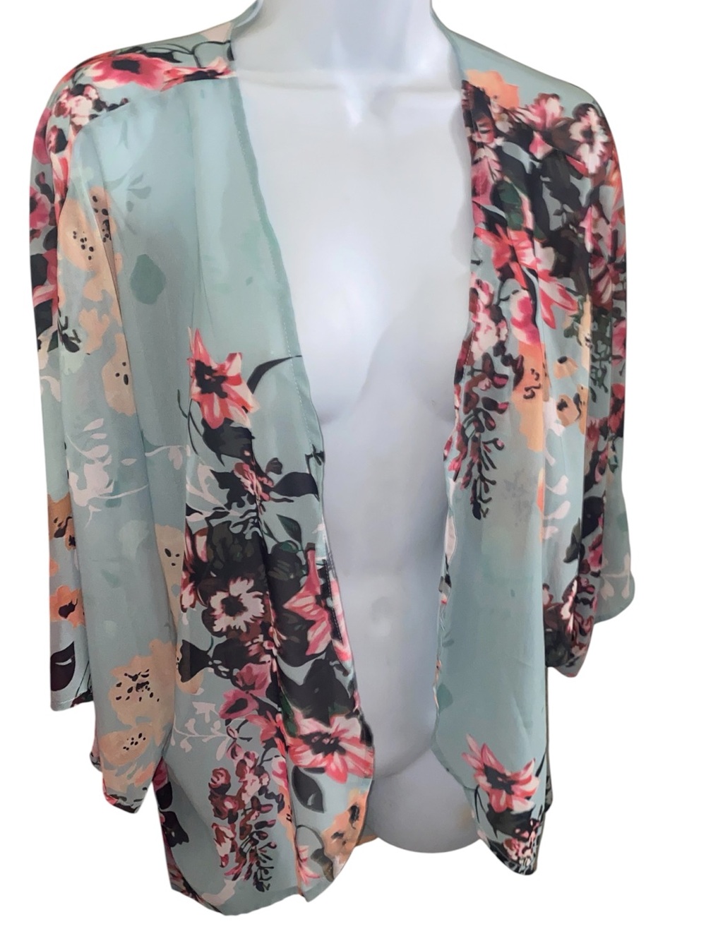 Mint Green Chiffon Floral Kimono Cardigan Boho Sheer Summer Cover